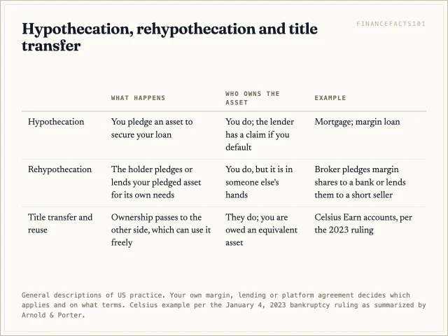 Hypothecation means you pledge an asset and keep ownership; rehypothecation means the holder pledges it again for its own borrowing; under title transfer the other side owns it and you are owed only an equivalent asset