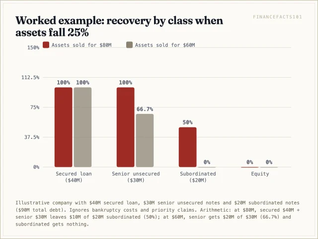 When assets fetch 80 million dollars subordinated holders recover 50 cents on the dollar; when assets fetch 60 million they recover nothing while senior unsecured holders still recover about 67 cents