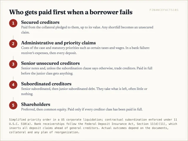 Secured creditors are paid from their collateral first, then administrative and priority claims, then senior unsecured creditors, then subordinated creditors, and shareholders last