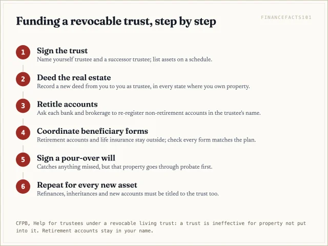 Sign the trust, record a new deed, retitle bank and brokerage accounts, coordinate beneficiary forms, sign a pour-over will, and repeat for every new asset