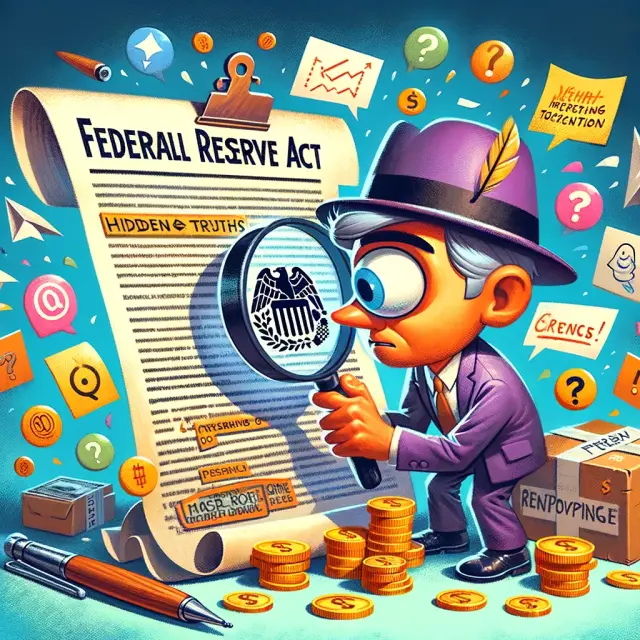 Whimsical image of a detective uncovering truths about the Federal Reserve Act with a magnifying glass