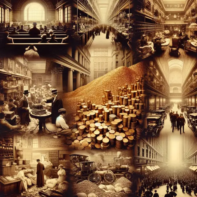 Collage of early 20th-century American economy scenes, including banks and gold coins