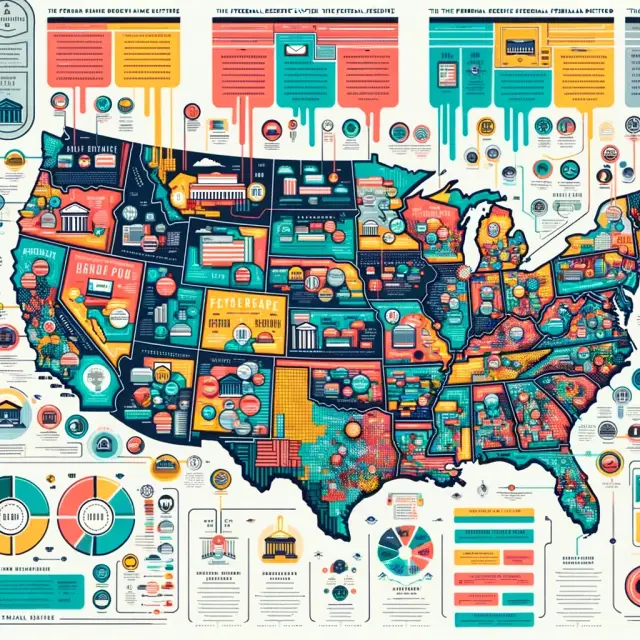 Infographic showing the structure of the Federal Reserve System with a map of Federal Reserve districts