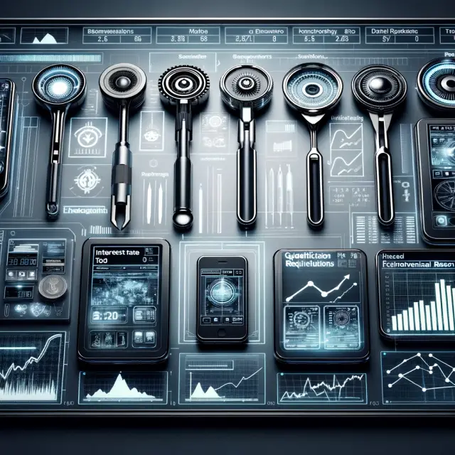 Illustration of monetary policy tools as futuristic gadgets against a sleek digital interface