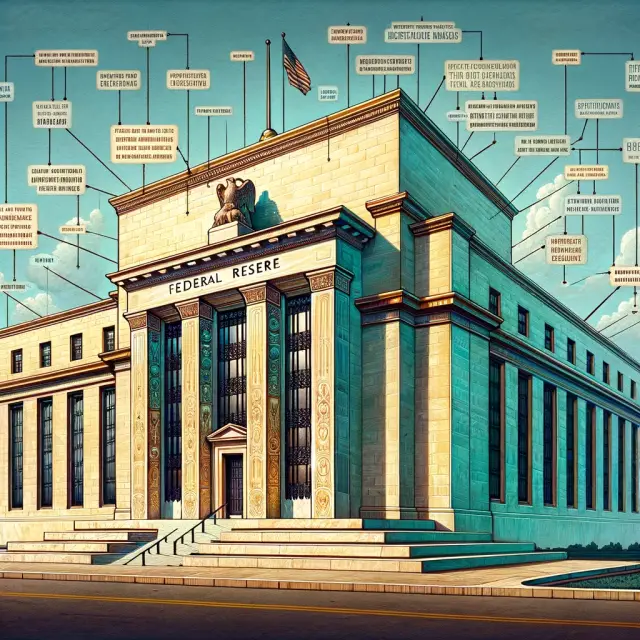 Illustration of an ornate bank building representing the Federal Reserve with key features highlighted