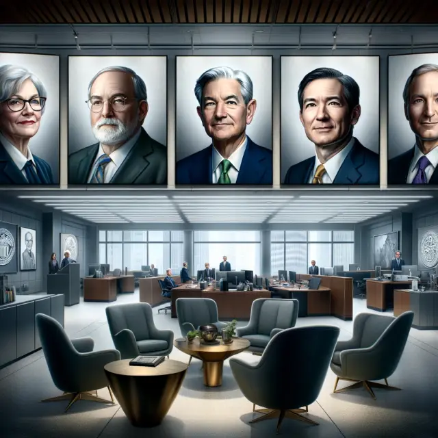 Portraits of the current Federal Reserve leadership in a modern office setting