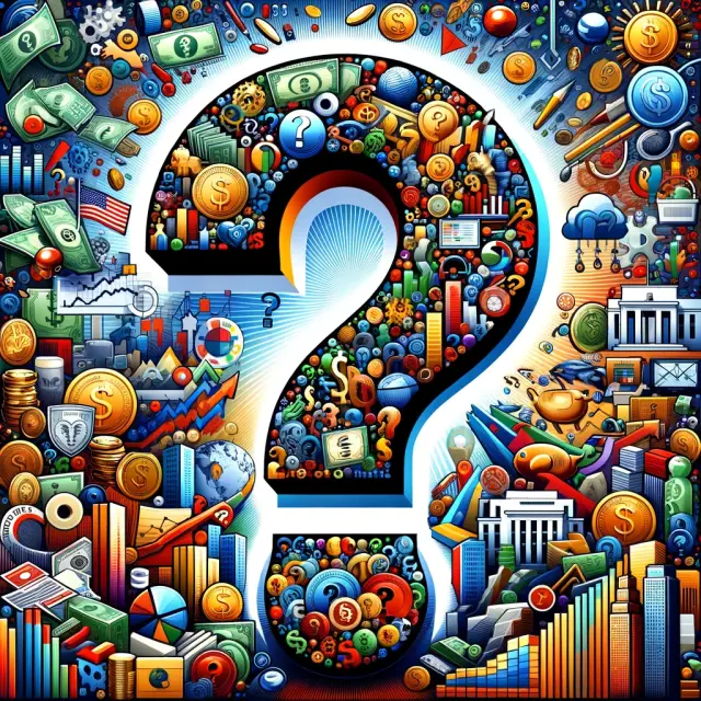 Bustling question mark composed of financial symbols and icons related to the Federal Reserve