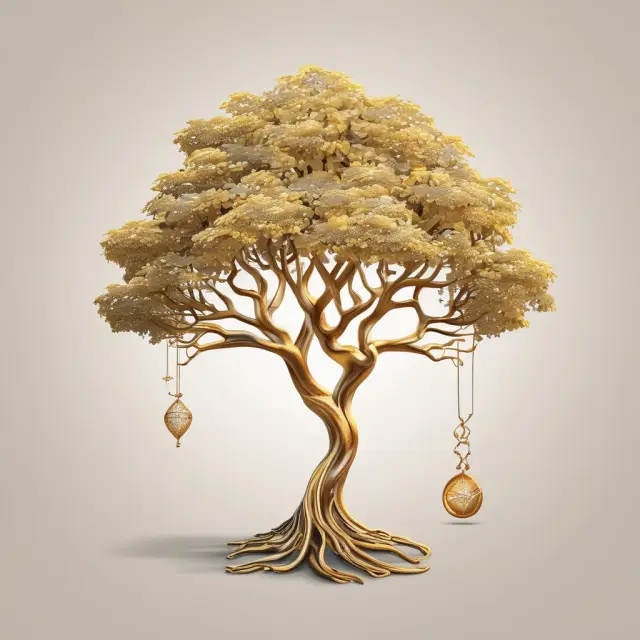 A golden tree with roots connecting to form a diamond represents the A-B trust, minimizing estate taxes through its interconnected Trust A (survivor