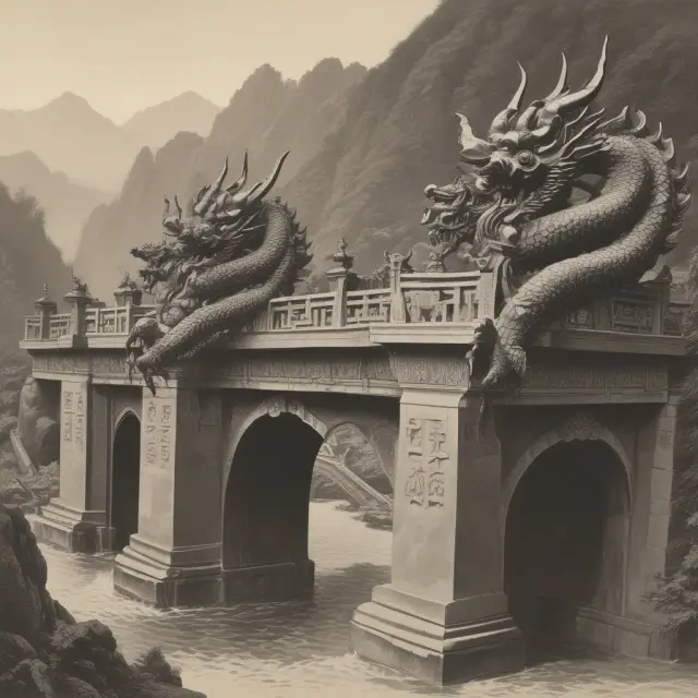 Two mythical dragons symbolizing China A-shares and B-shares, guarding a bridge connecting Chinese and international investors