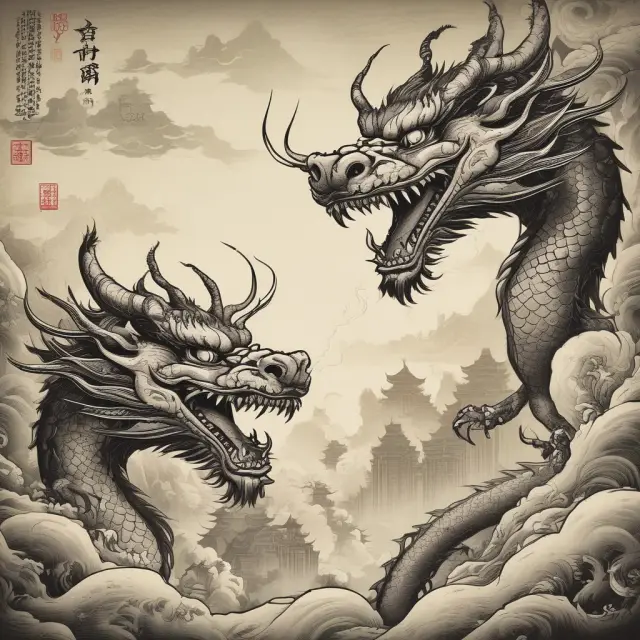 Two dragons emerging from ancient scrolls symbolizing the Shanghai Stock Exchange (SSE) and Shenzhen Stock Exchange (SZSE), reflecting China