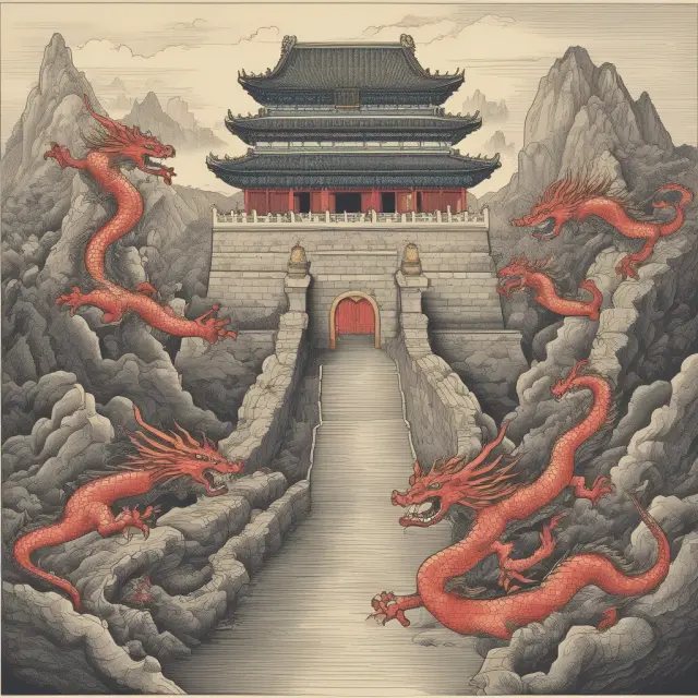 An intricately designed Chinese fortress guarded by dragons and phoenixes, representing the challenges faced by foreign investors in purchasing China