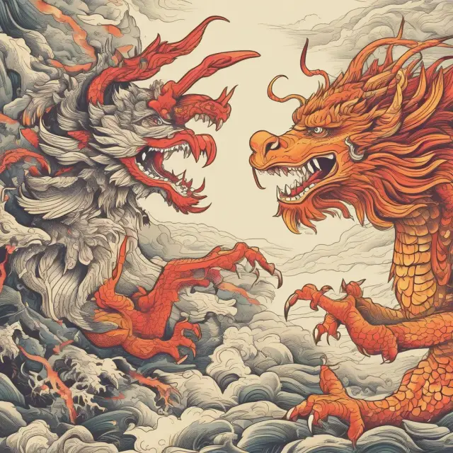 A mythical phoenix emerging from a dragon and tiger, representing China