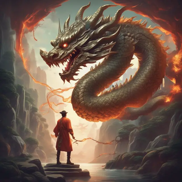 A foreign investor on a narrow bridge rides a dragon representing China