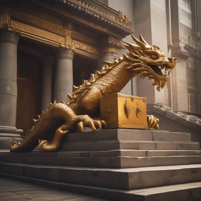 Ancient dragon guarding treasure chest of golden A-shares, with winding staircase leading to Shanghai Stock Exchange Composite Index
