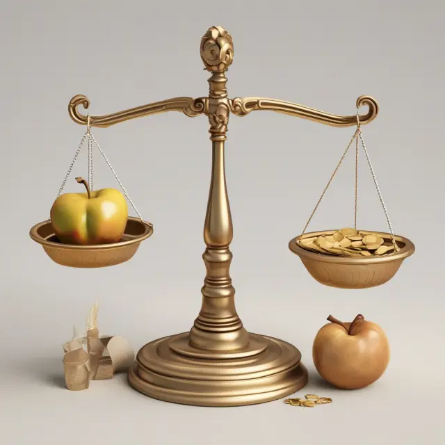 Golden apples, coins, and wheat bundles on a balance scale represent share price appreciation, capital gains, and dividends contributing to a mutual fund