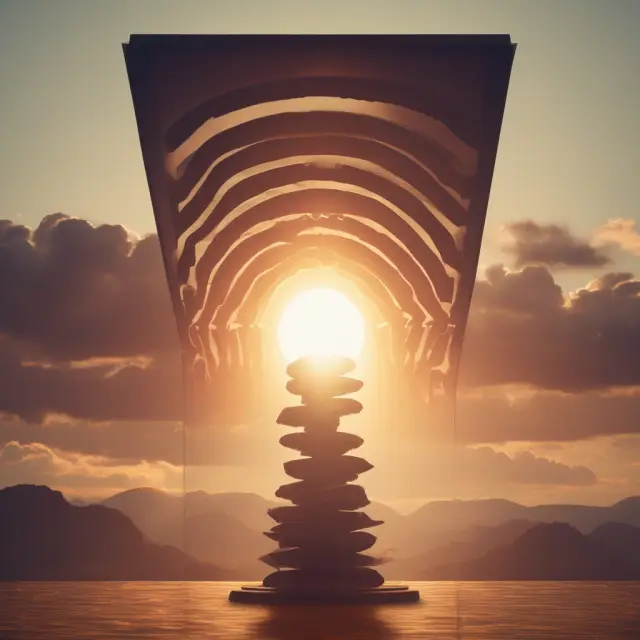 A rising sun casting long shadows over an old-fashioned scale, symbolizing the significant effect of share price appreciation on a mutual fund