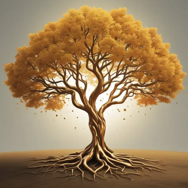 Golden tree representing AARP, with branches for media, events blooming as leaves, and partnerships as roots.