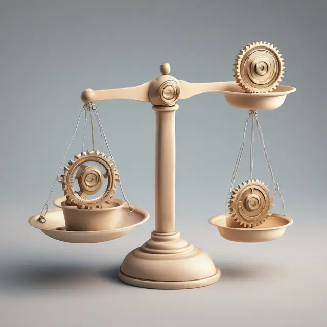 Scale with gears symbolizing the three steps of activity-based budgeting: identifying activities, determining levels, and calculating costs per unit.