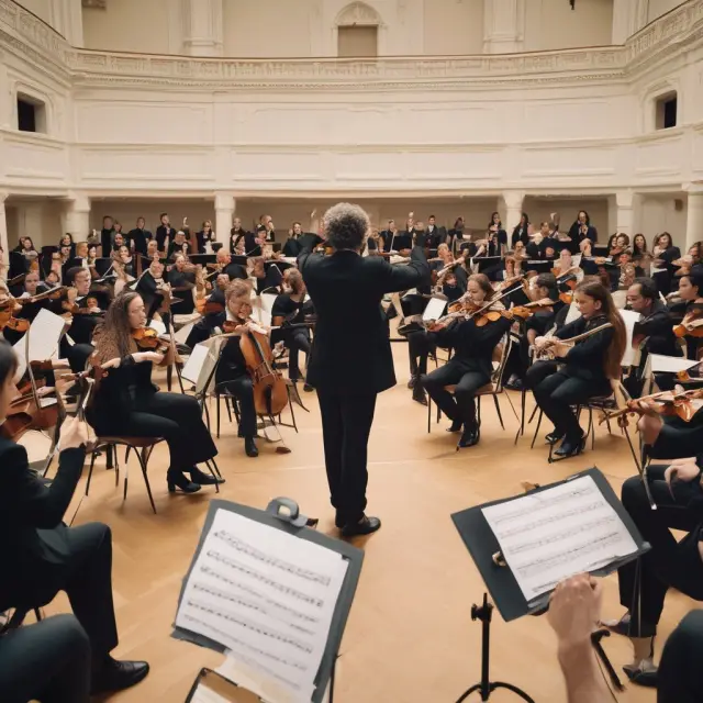 Orchestra conductor guiding diverse musicians representing departments, harmonizing effective Activity Based Budgeting implementation