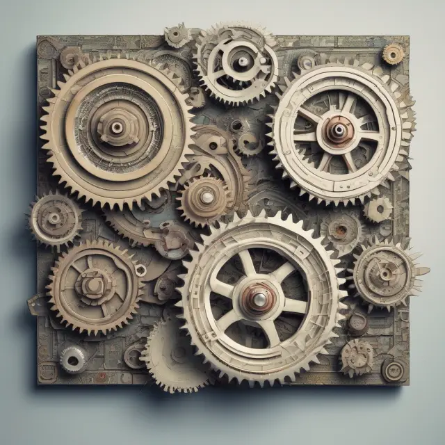 Mosaic of interconnected gear pieces symbolizing various activities in Activity-Based Costing, with costs represented by connecting lines