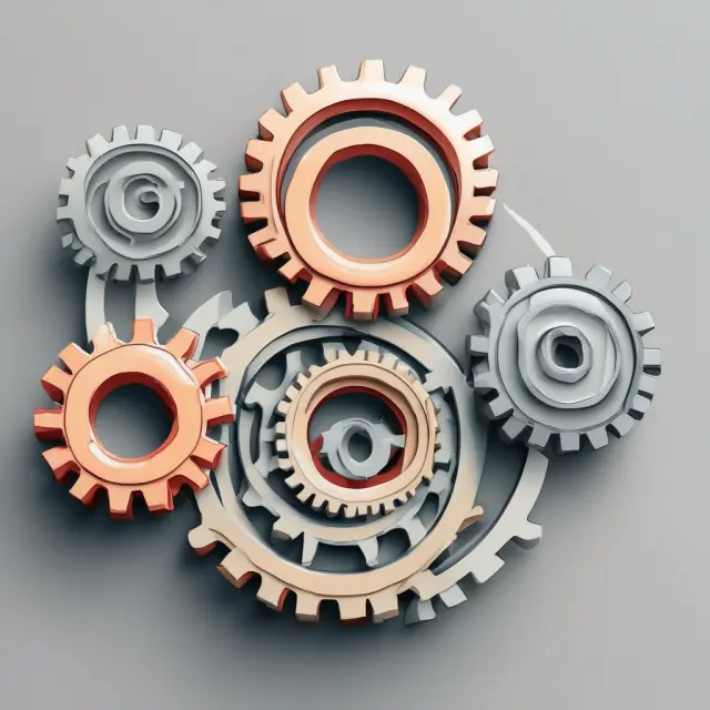 Three gears representing manufacturing, service, and marketing industries interconnecting and functioning efficiently through Activity-Based Costing.