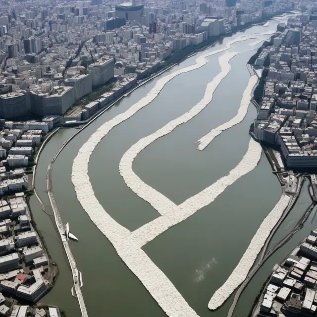 A vast, ever-flowing river of Japanese yen flowing from a central bank to represent Abenomics