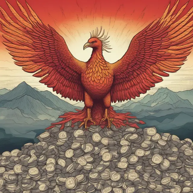 A mythical bird emerging from gold coins, representing Japan