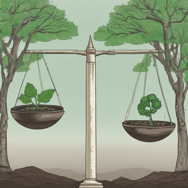 Two scales balanced precariously, one symbolizing economic growth, the other environmental sustainability - reflecting the challenges faced by Abenomics.