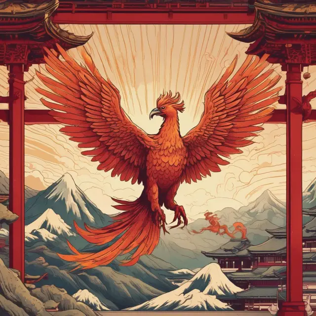 A mythical Phoenix rising above traditional Japanese buildings, illustrating the evolution of Abenomics towards a more sustainable and technologically advanced economy.
