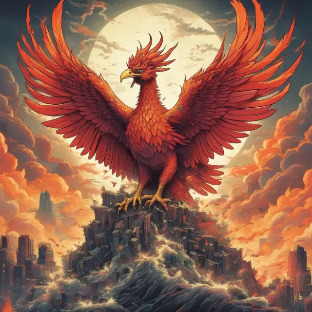 A phoenix rising from a pile of economic ruins with the Japanese flag in background, representing Abenomics