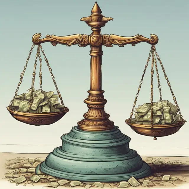 A scale balanced with wealth on one side tilting towards the government side to depict progressive taxation