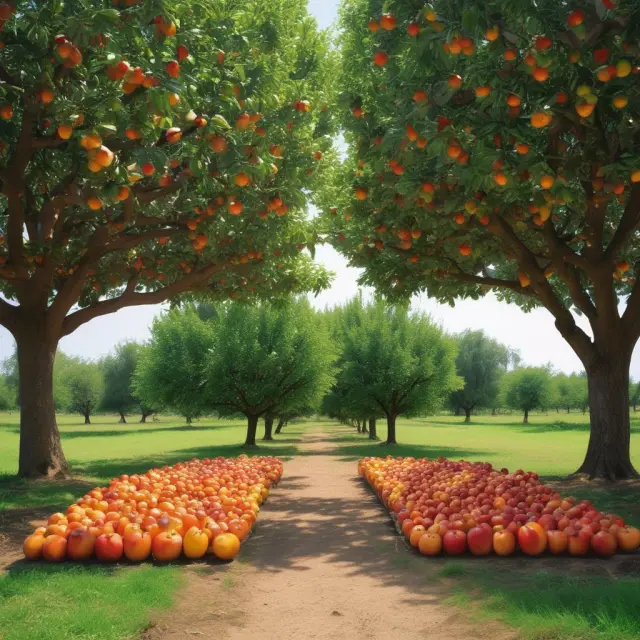 Two tree types: Progressive (laden with heavier fruits) and Flat (uniformly ripe) representing progressive and flat tax systems, in a shared orchard
