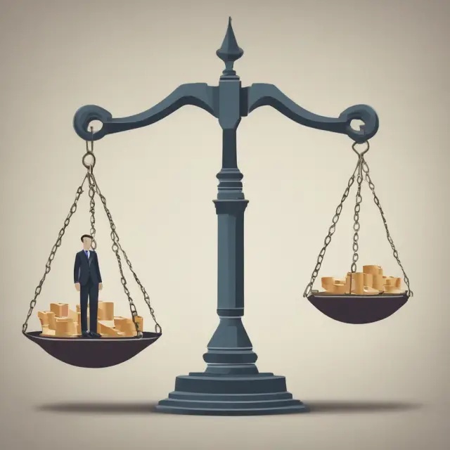 A set of scales symbolizing fair taxation, with wealth and resources on one side and ability-to-pay principle represented by a hand balancing them.