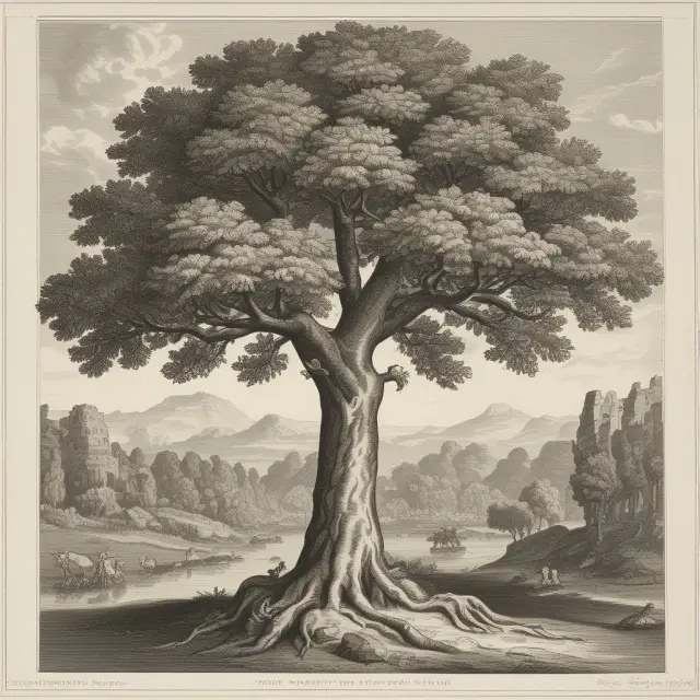 Adam Smith holding a book, surrounded by a tree laden with fruits representing economic benefits from absolute advantage in international trade.