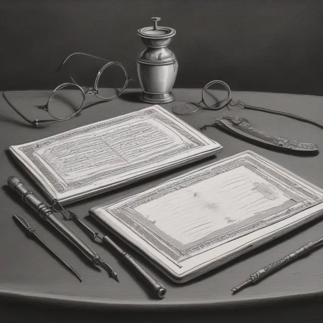 Adam Smith and David Ricardo symbolically illustrating their respective theories of absolute and comparative advantage through writing on tables and weighing scales.