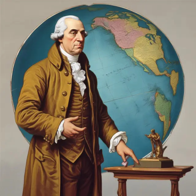 Adam Smith pondering a shifting globe, representing the evolving nature of absolute advantage in global economy.