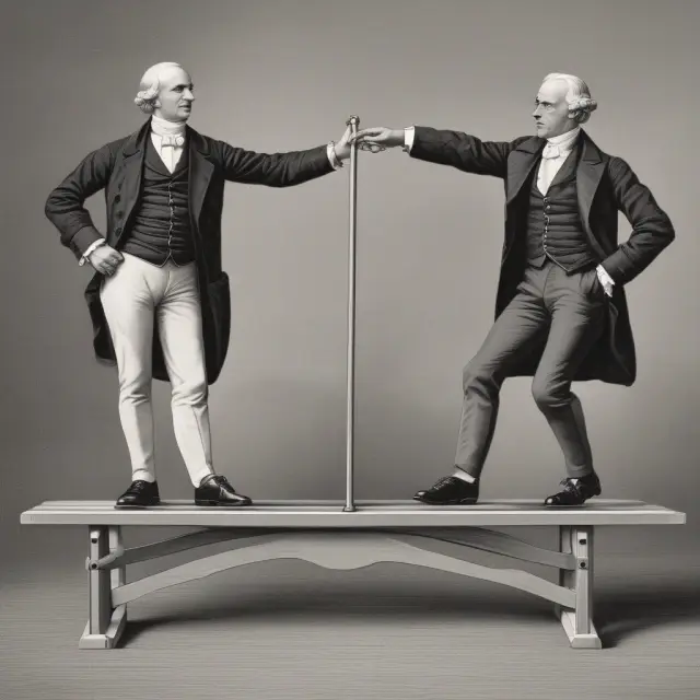 Two countries symbolizing absolute advantage theory, with one nation gaining efficiency and the other climbing up towards innovation on a seesaw