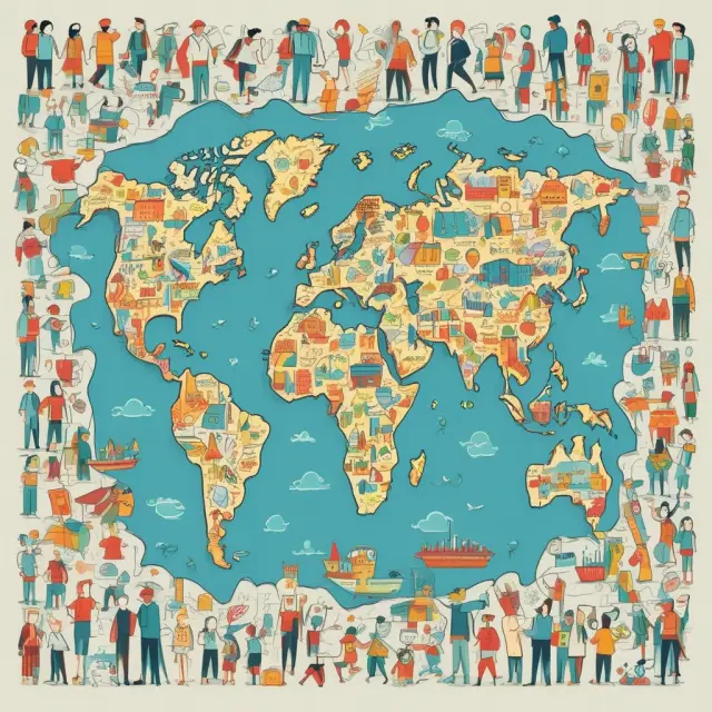 Countries represented as puzzle pieces, each finding its place based on their absolute advantages in a global trade scenario