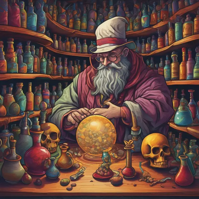 An alchemist mixes profit and loss symbols, crafting absolute return through the balance.
