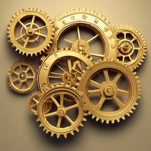 Gears interconnected by golden chains represent the relationship between production hours and overhead costs to calculate absorption rates