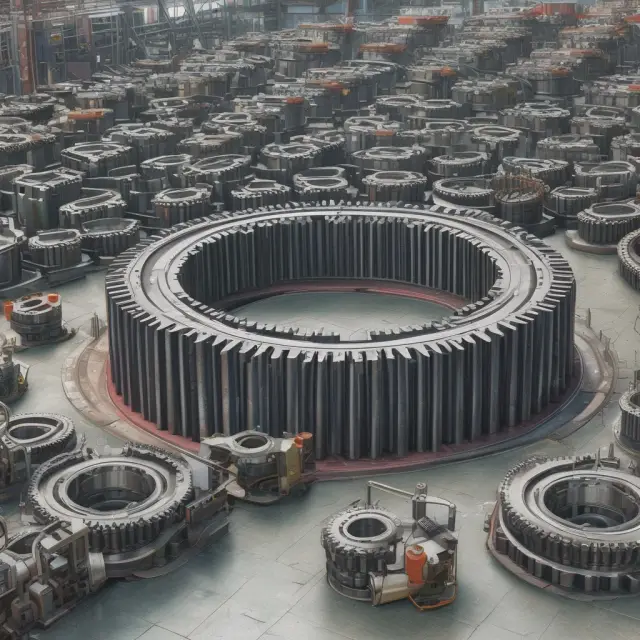 Factory producing gears with each gear surrounded by an overlaid ring representing fixed overheads