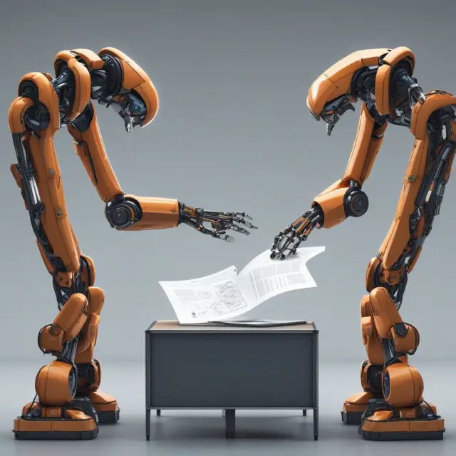 Two robotic arms handing over documents in an ACATS secure transfer environment