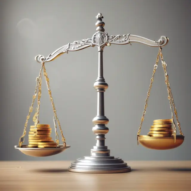 Gold coins symbolizing benefits, silver coins representing drawbacks, tipping a scale towards an asset depicting the advantages and disadvantages of accelerated depreciation methods in accounting