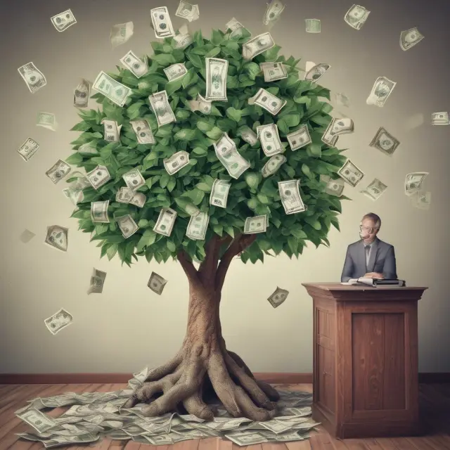An image of a tax office with a money tree, where leaves are dollar bills, some falling to represent depreciating assets while others are held by an analyst, emphasizing tax savings