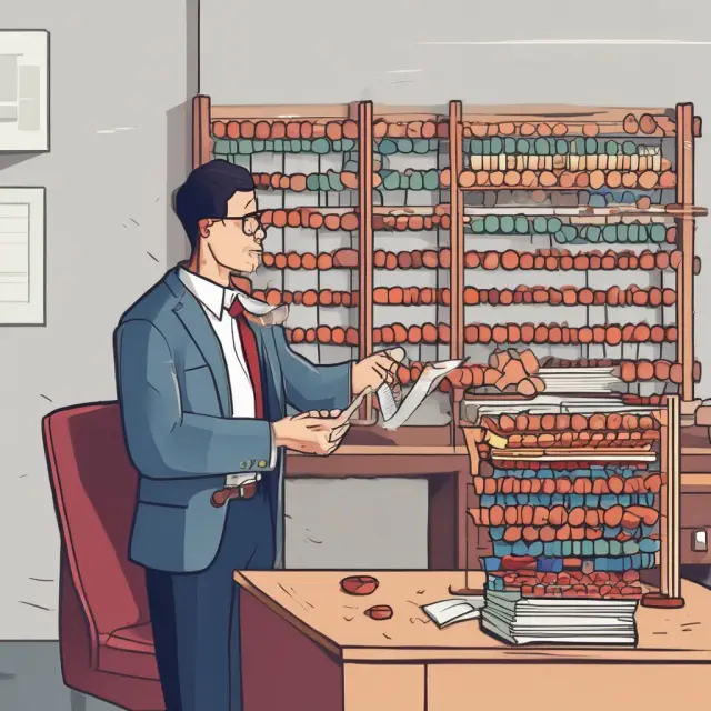 An accountant in a tax office meticulously calculating the double-declining balance and sum-of-the-years