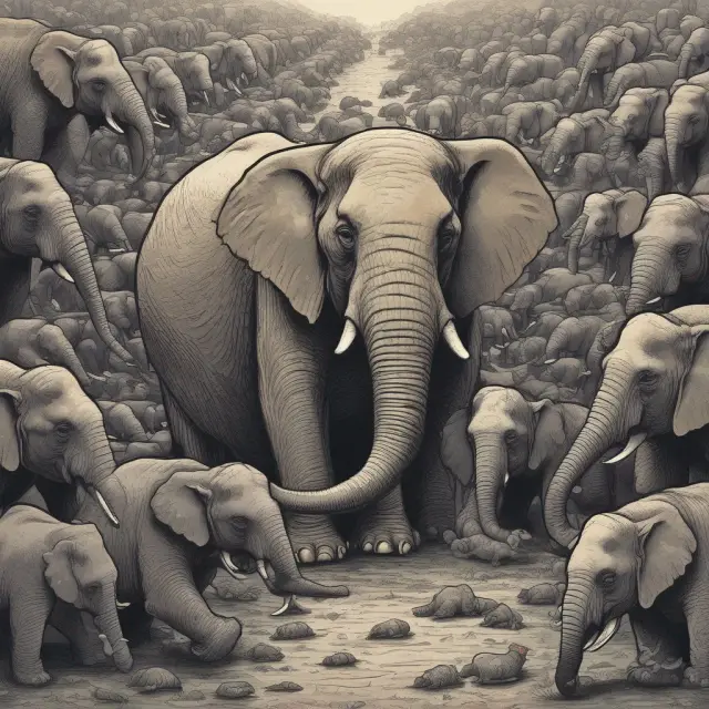 An image featuring a critical bear gnawing on minor mice among towering stacks of major elephants, symbolizing different defect types and their impact on AQL levels.