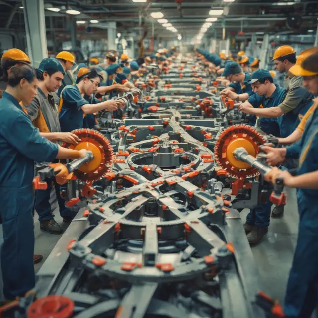 Manufacturers, buyers, and sellers working together around an assembly line, focusing on achieving the agreed-upon acceptable quality level.