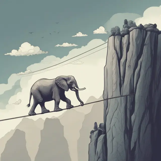 An elephant balances atop a tightrope, representing accepting risks in business.