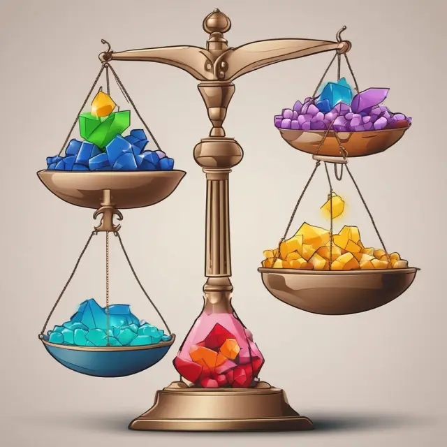 Balance scale with market risks, project failures, legal liabilities, credit risks, accidents, natural causes, and disasters depicted as objects, contrasted by potential benefits shown as gems