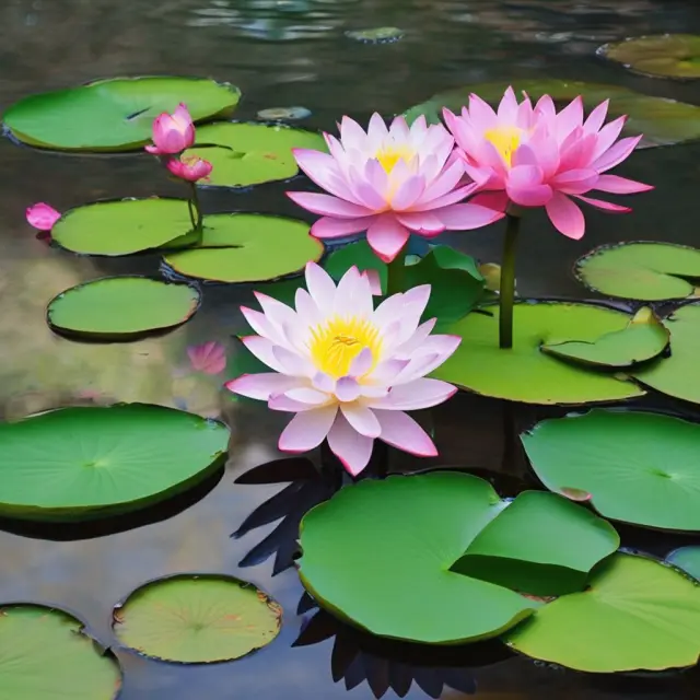 A tranquil lotus pond with five floating question marks. A blooming lotus flower signifies the answer to each question related to risk acceptance.